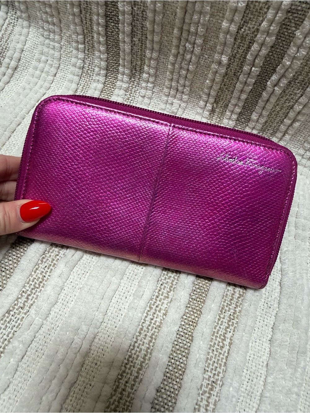 Salvatore Ferragamo Metallic Fuchsia Zip Wallet